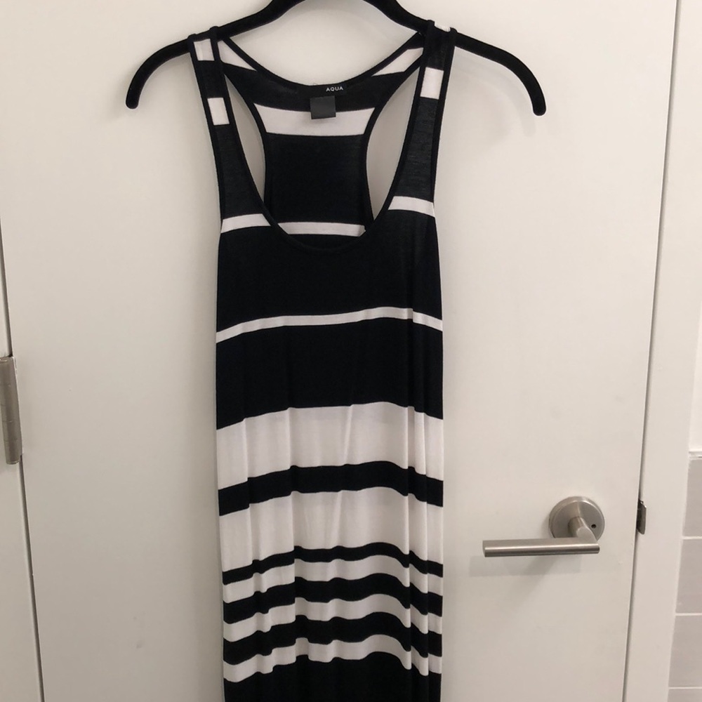Aqua Black and White Striped Lightweight Cotton Midi Dress Size S